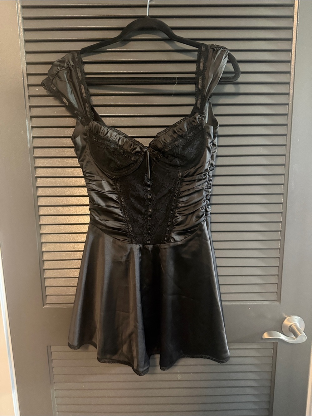 Black Satin Mini Dress with Lace Bodice